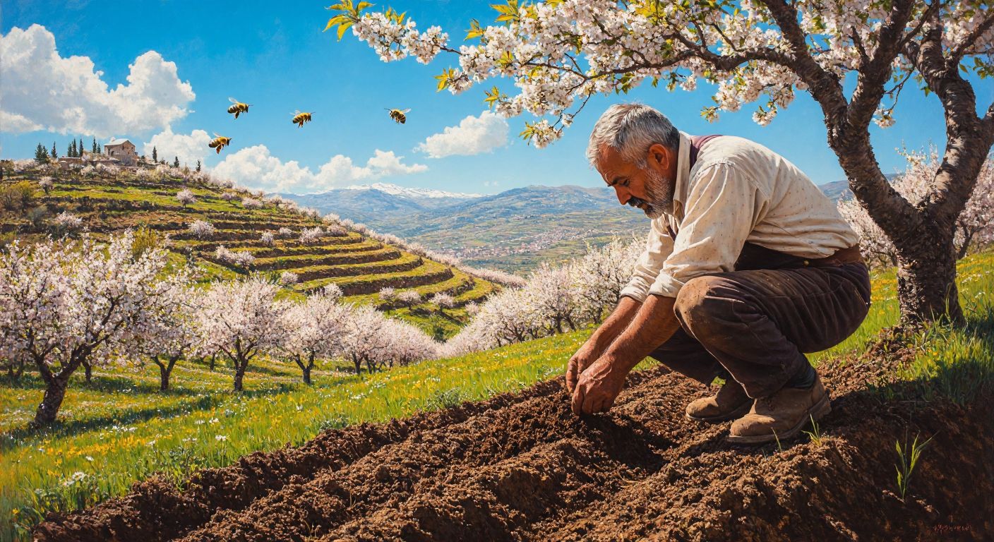 A Turkish farmer in a sunlit cherry orchard carefully examines the soil while honeybees buzz around blossoming cherry trees on a terraced hillside.