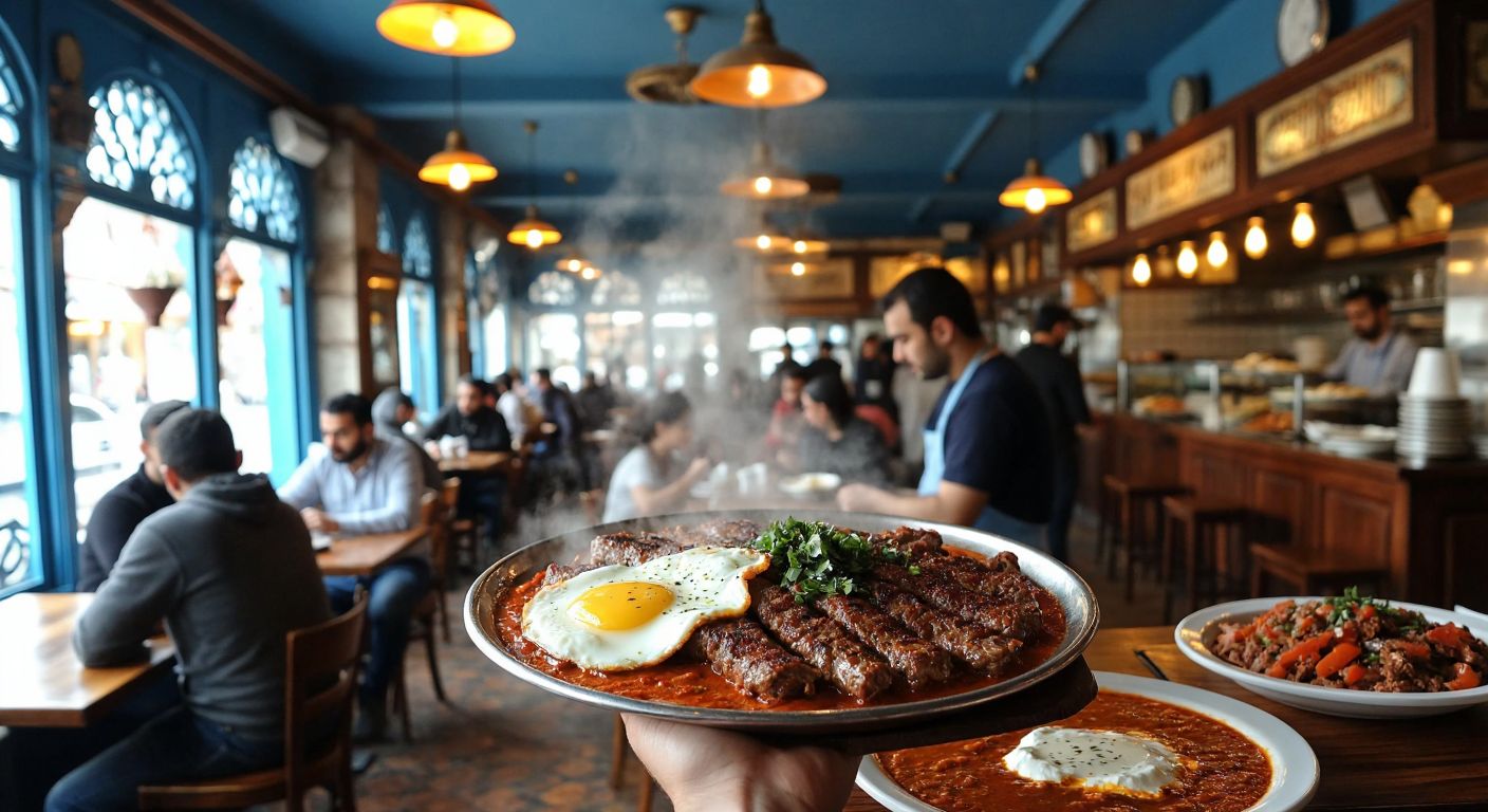 A bustling, historic blue-painted eatery in Bursa, with steaming plates of İskender kebab—layered with tender meat, melted butter, and yogurt—being served to eager customers at wooden tables under warm lighting.
