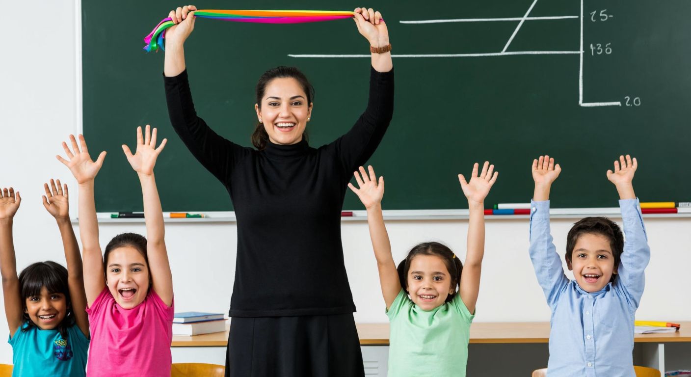 A cheerful Turkish teacher in a classroom holds a colorful ribbon while smiling children eagerly raise their hands, with a chalkboard behind them showing fraction diagrams.