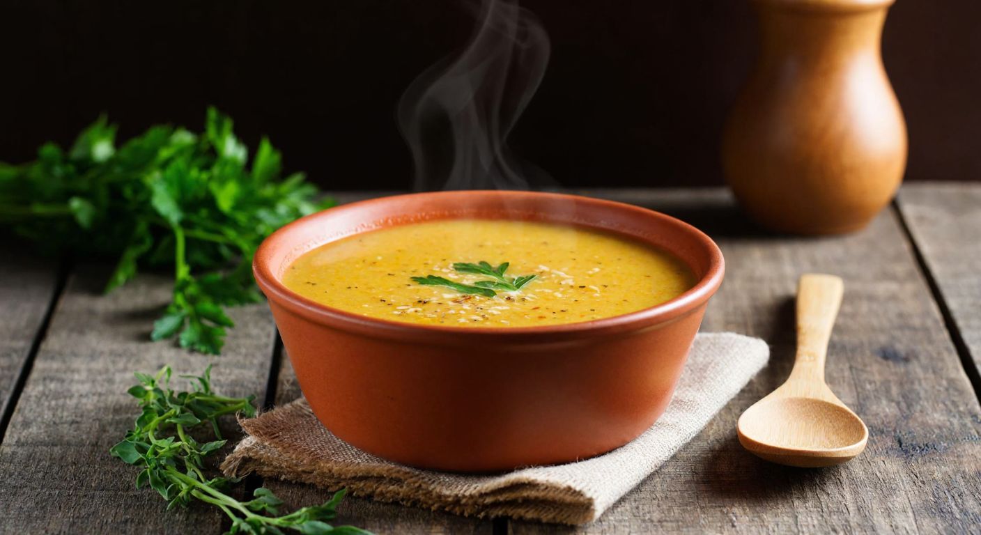 A steaming bowl of golden siyez tarhana soup sits on a rustic wooden table in a cozy Turkish kitchen, with fresh herbs and a wooden spoon beside it, evoking warmth and comfort.