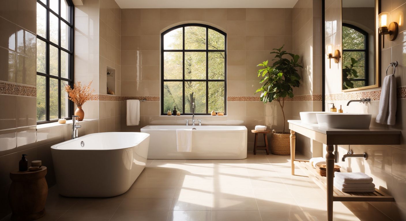 A sunlit Turkish bathroom with glossy tiles reflecting light on one wall and matte tiles with a natural, textured finish on the other, showcasing their contrasting appearances and practical differences.