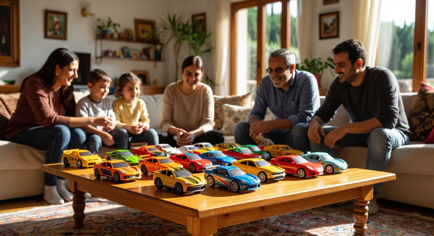 A wooden table in a sunlit Turkish living room displays a colorful array of model cars—simple, chunky ones for toddlers and intricate, detailed ones for teens—while a smiling family of different ages gathers around, assembling and admiring them.