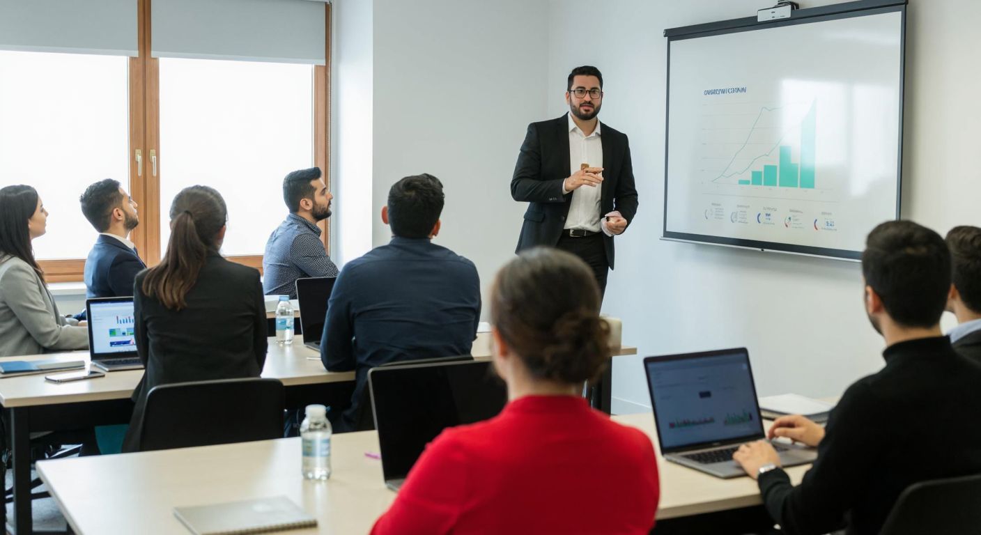 A modern Turkish classroom with diverse professionals attentively listening to a confident instructor presenting a financial chart on a projector, surrounded by laptops and notebooks.