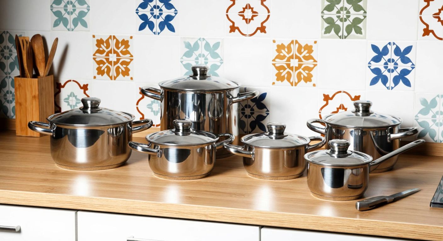 A neatly arranged set of six small stainless steel pots with shiny lids, placed on a wooden kitchen counter in a sunlit Turkish home, with a colorful ceramic tile backsplash in the background.