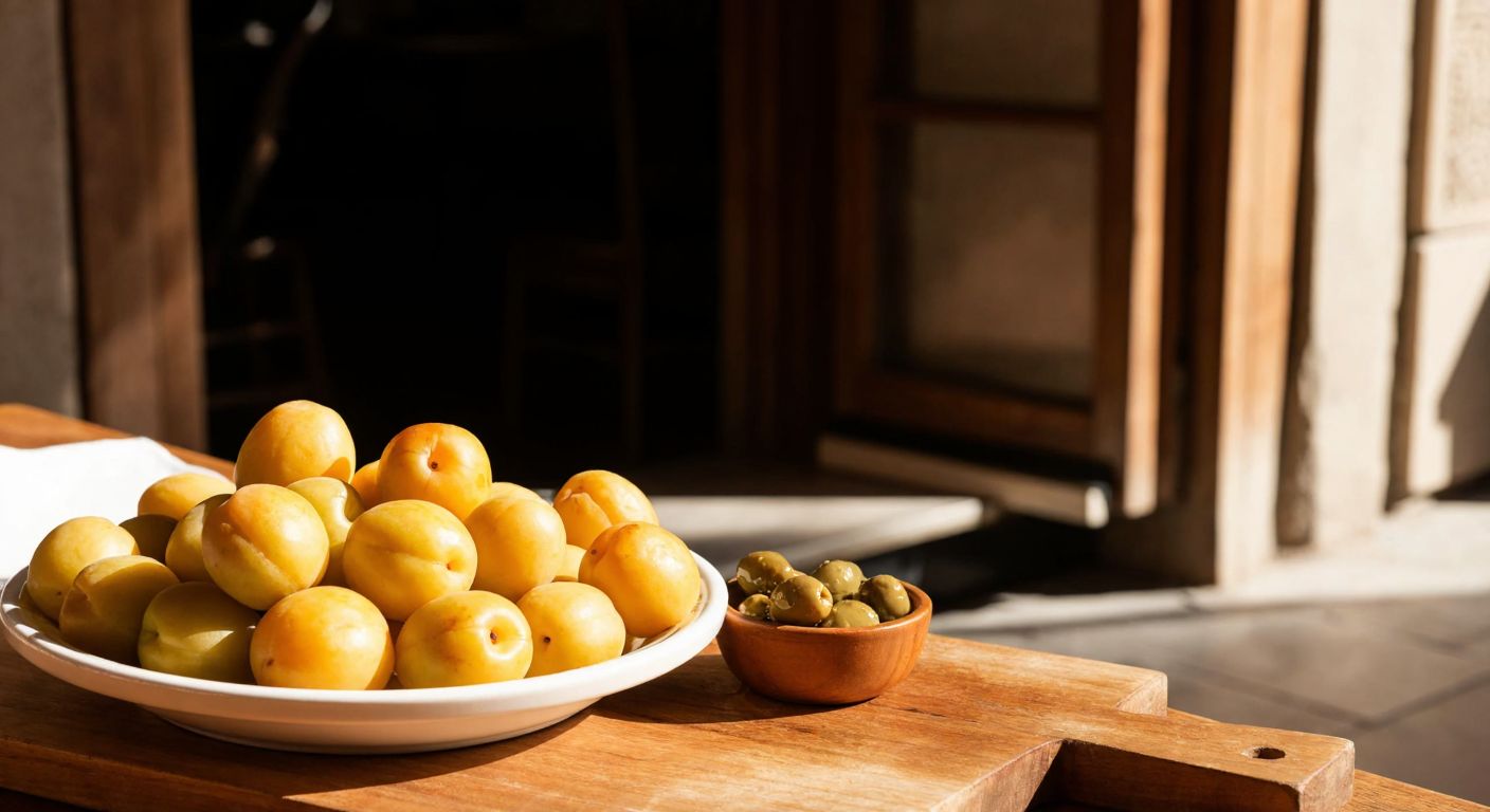 A rustic wooden table in a sunlit Turkish kitchen holds a small bowl of green olives and a plate of golden apricots, with a warm, inviting atmosphere.