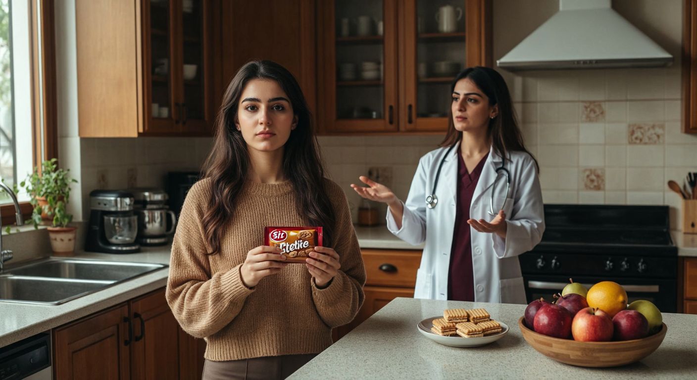 A Turkish woman in a cozy kitchen holds a package of Eti Petit Beurre biscuits with a thoughtful expression, while a nutritionist in a white coat gestures toward a bowl of fresh fruit on the counter.