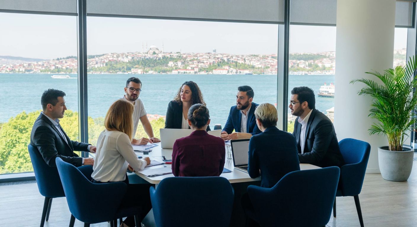 A diverse group of professionals in a modern meeting room in Istanbul, with a large window showing the Bosphorus, discussing over documents and a laptop, exuding collaboration and innovation.