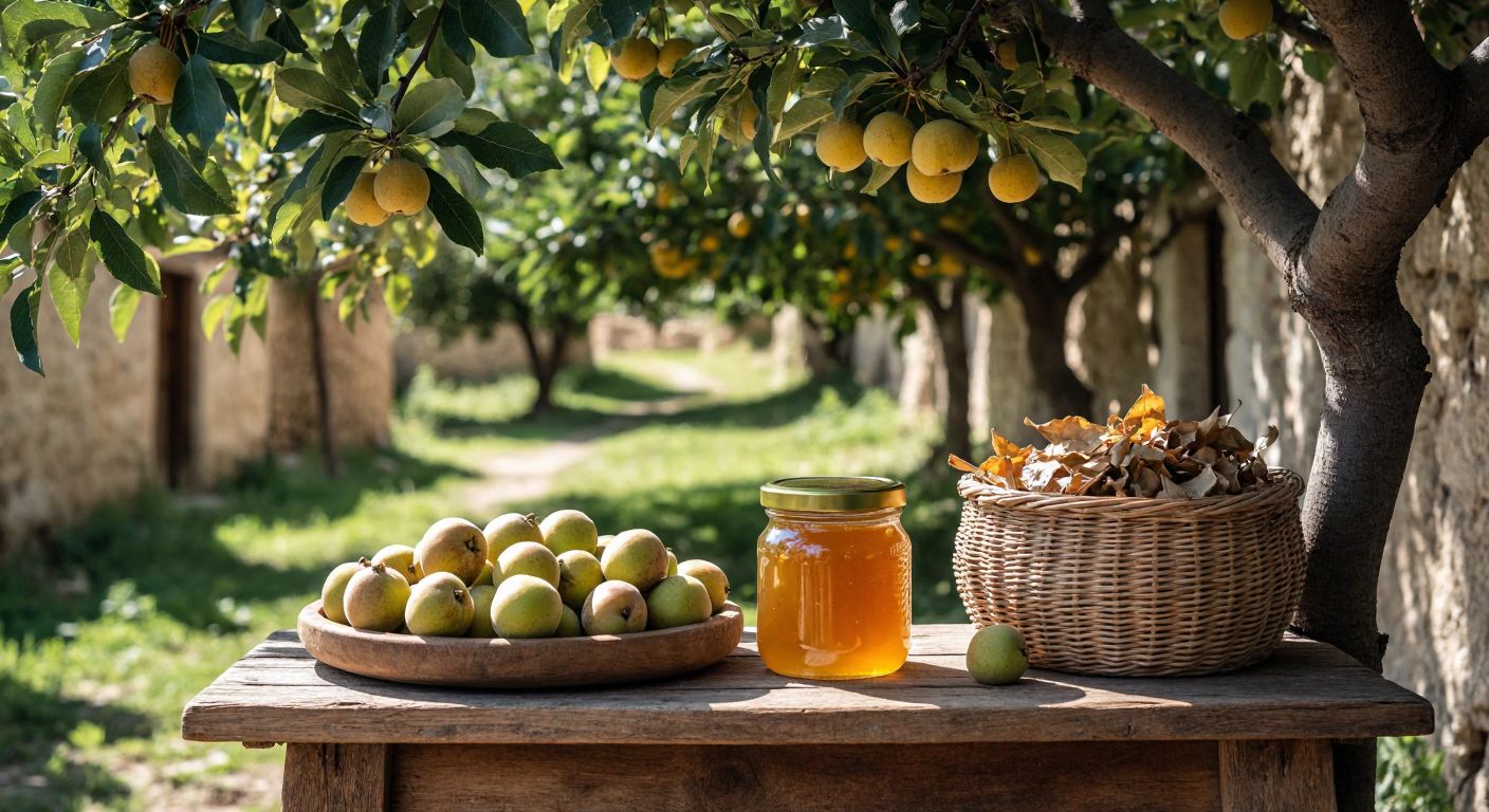 A rustic wooden table in a sunlit Turkish village setting, displaying fresh ahlat fruits, a jar of golden reçel, a handcrafted wooden stool, and a woven basket filled with dried leaves, surrounded by a lush ahlat tree in the background.