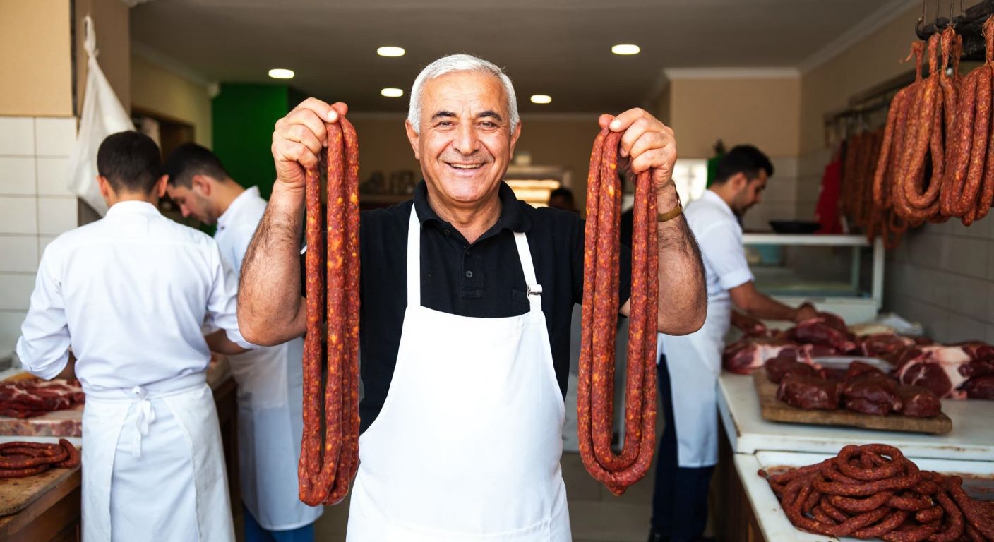 A smiling elderly Turkish man in a white apron proudly holding a coil of spicy sucuk in a traditional butcher shop, with his sons working in the background.