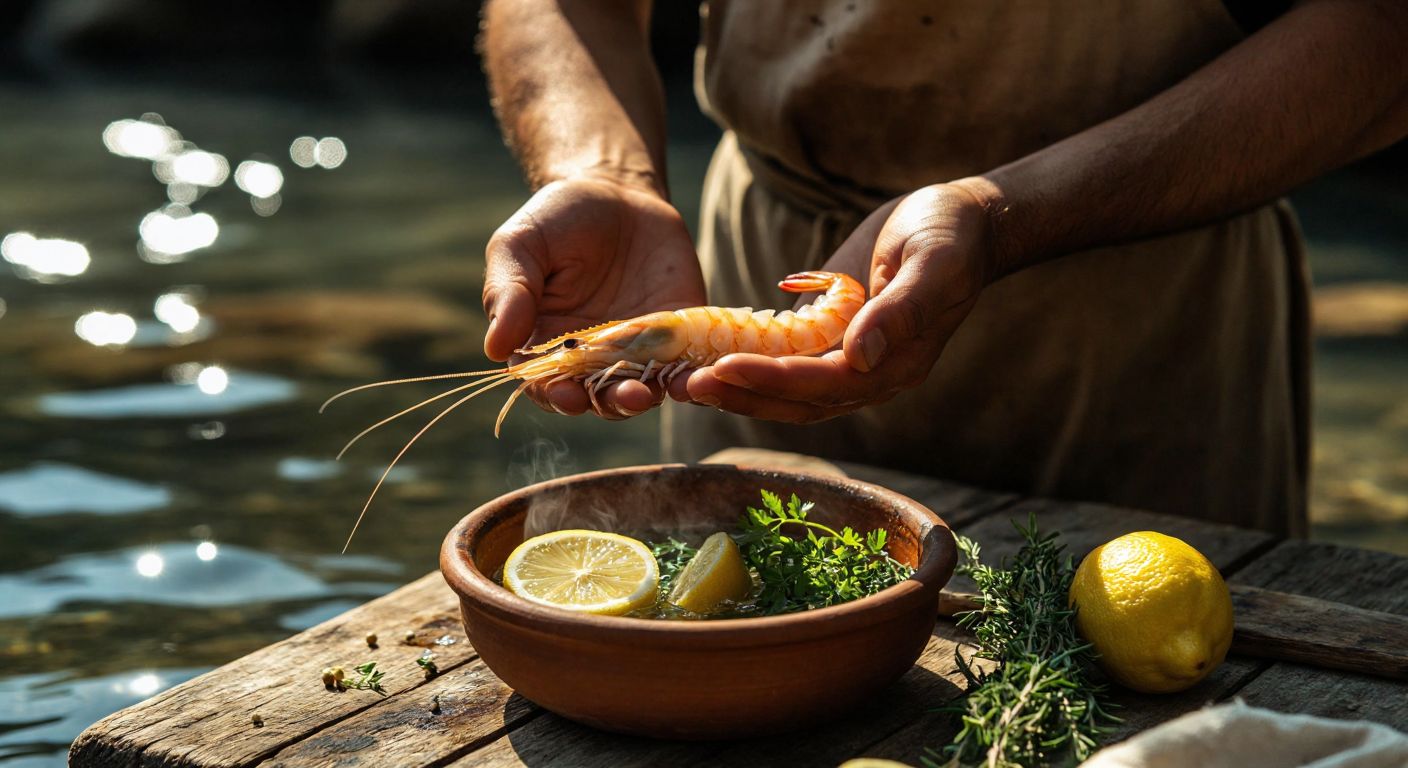 A Turkish fisherman in a sunlit freshwater stream holds a small, translucent shrimp in his palm, with a rustic wooden table nearby set with fresh herbs, lemon slices, and a steaming clay pot, conveying curiosity and cautious consideration.