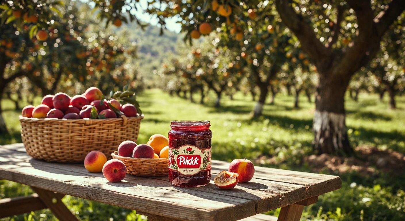 A vibrant jar of **Piknik brand jam** with a red-and-white label sits on a sunlit wooden picnic table in a lush Turkish orchard, surrounded by fresh fruits and a traditional woven basket.