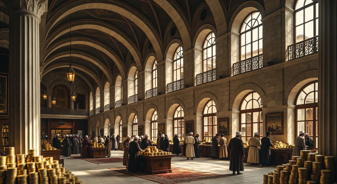 A grand Ottoman-era stone building with arched windows, housing a bustling bank interior where suited bankers in traditional Turkish attire manage stacks of gold coins and ancient ledgers, symbolizing heritage and financial stewardship.