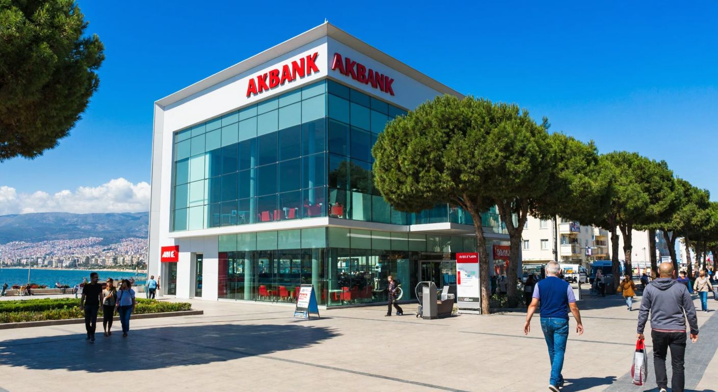 A modern bank branch with a glass facade and the Akbank logo, nestled on a bustling tree-lined boulevard in İzmir, with people walking by and the Aegean Sea visible in the distance.