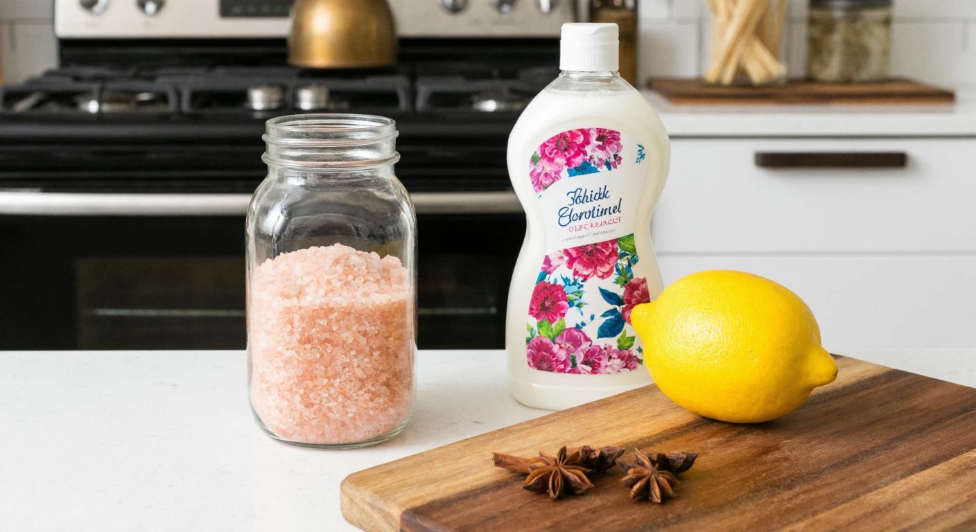 A rustic Turkish kitchen counter with a clear glass jar half-filled with pink Himalayan salt, a bottle of floral fabric softener beside it, and a lemon with cloves resting on a wooden cutting board, evoking a cozy, homemade fragrance project.