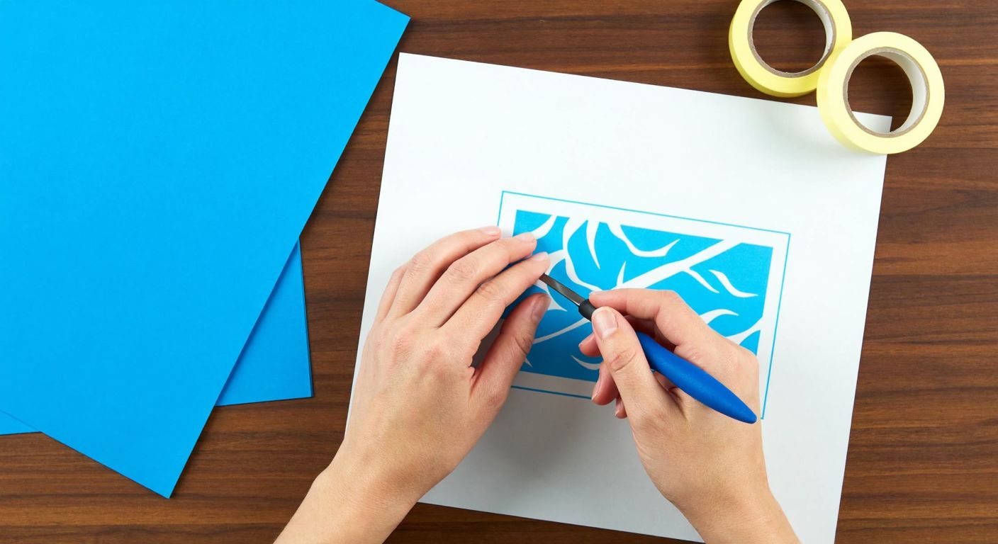 A pair of hands carefully cutting a stencil design from freezer paper with an X-Acto knife on a wooden table, with scattered vinyl sheets and masking tape nearby.
