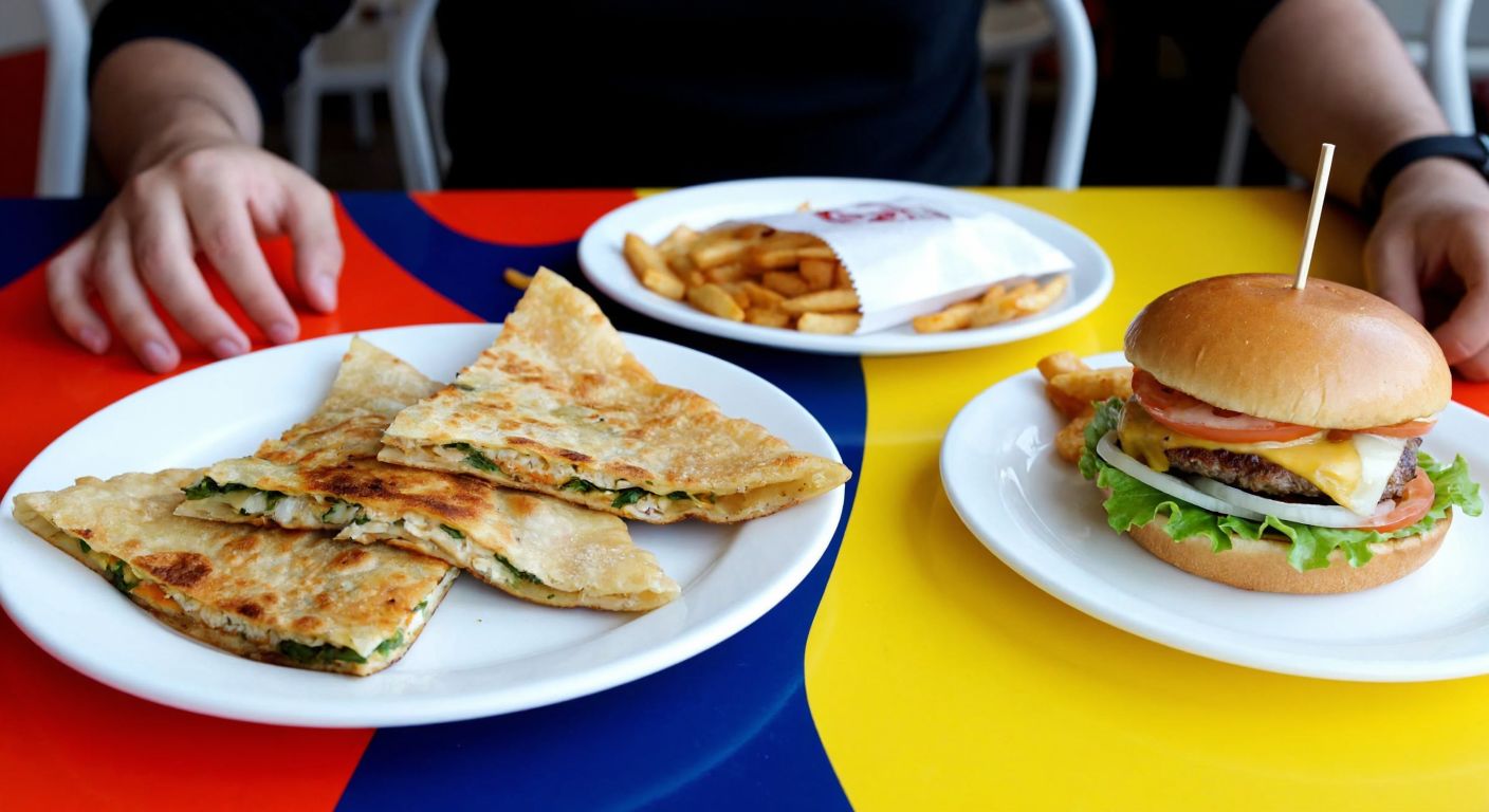 A colorful table in a Turkish café displays a plate of crispy gözleme next to a greasy fast-food burger, with a person's hand hesitating between the two, reflecting the contrast between traditional snacks and unhealthy junk food.
