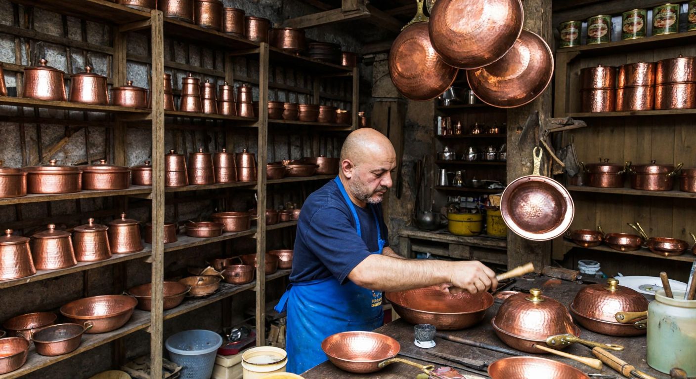 A skilled artisan in a traditional Turkish workshop carefully handcrafts gleaming copper pots and pans, surrounded by shelves filled with beautifully polished copper kitchenware.