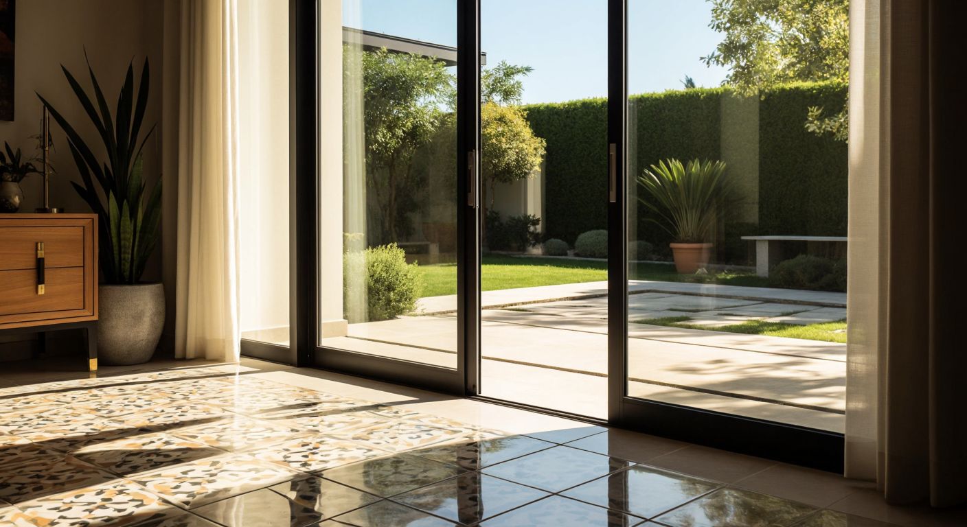 A sleek, modern glass door with polished metal handles, hinges, and a discreet door closer, set against a sunlit Turkish home interior with patterned ceramic tiles.