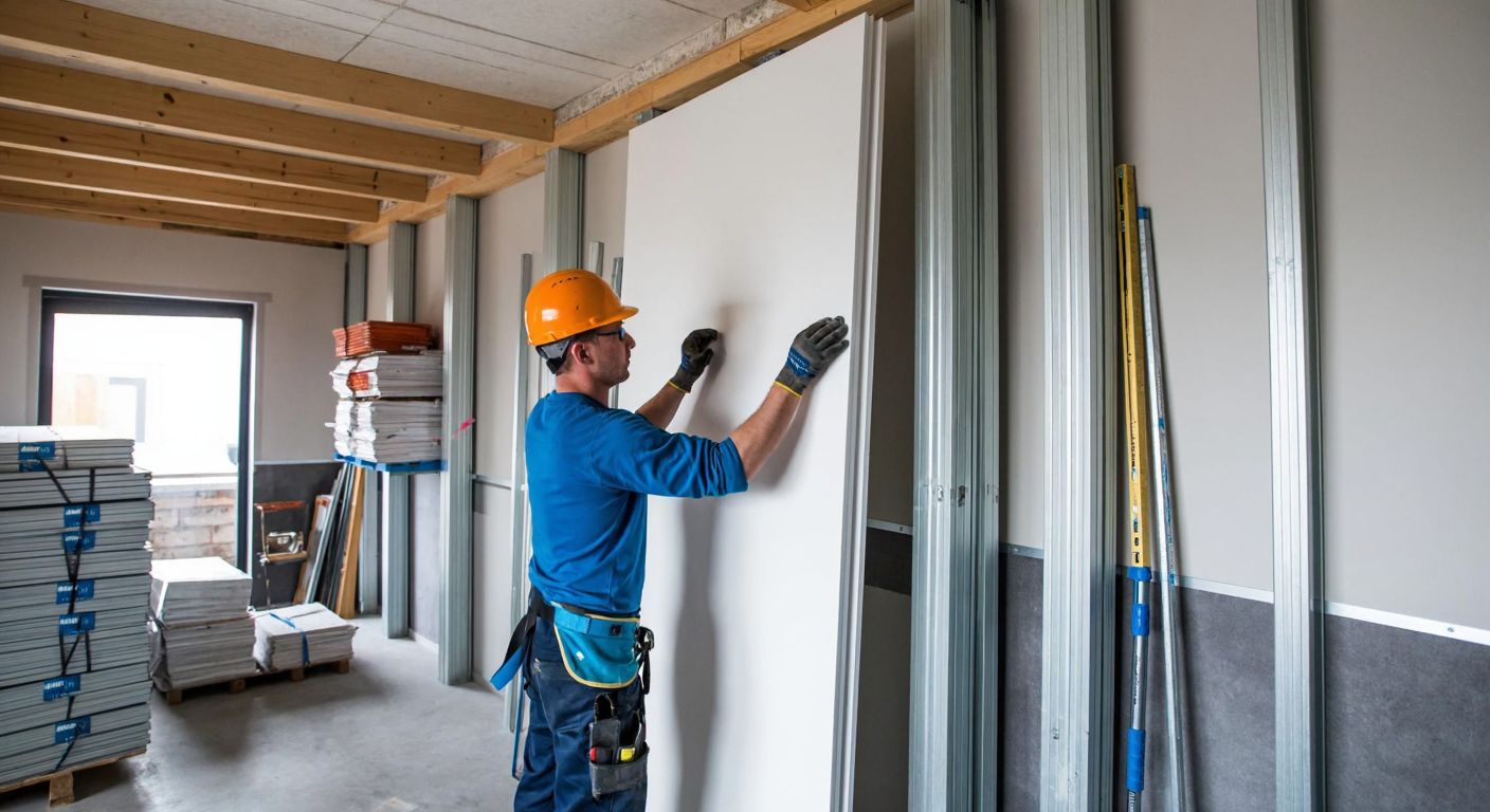 A construction worker in a hard hat carefully installing a Knauf gypsum board on a metal frame in a half-built room with stacks of building materials nearby.