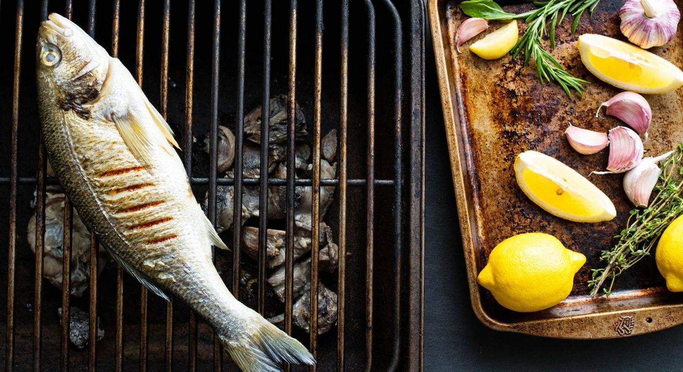 A golden-brown sea bass sizzling on a grill beside a rustic oven tray with lemon slices, garlic, and fresh herbs, evoking the aroma of a traditional Turkish seafood feast.