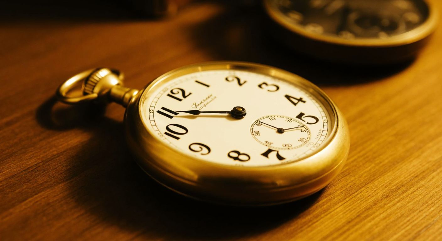 A golden antique pocket watch with its hands pointing to 10:04 and 11:04, resting on a wooden table with a warm, dimly lit background.