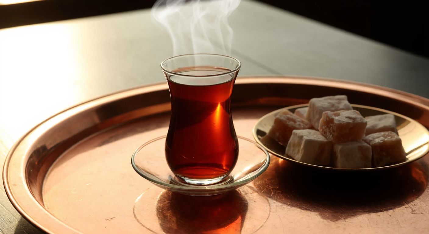 A steaming glass tulip-shaped tea cup on a small saucer, placed on a copper tray beside a plate of Turkish delight, with a warm golden light casting soft shadows.