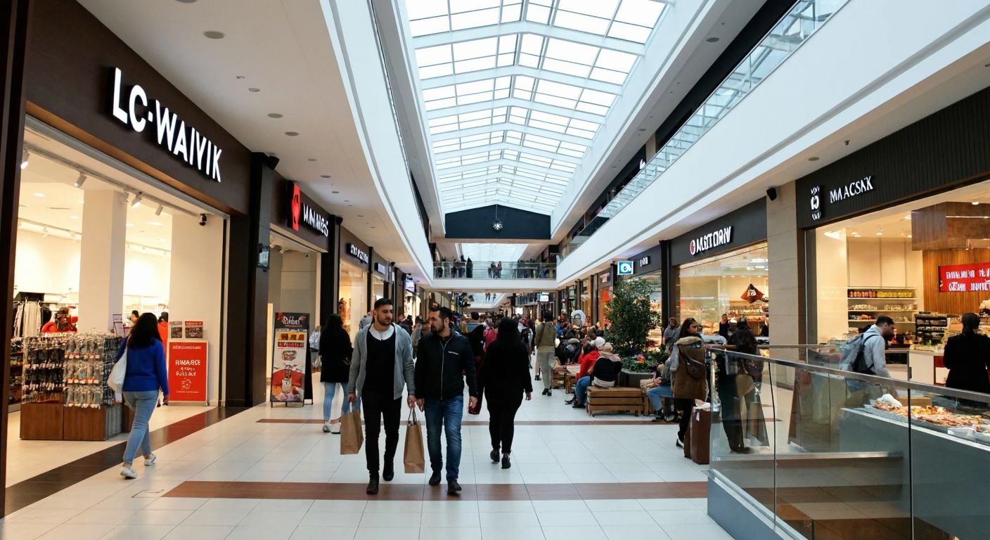 A bustling shopping mall in Kartal, Turkey, with modern architecture, shoppers carrying bags from stores like LC Waikiki and Marks&Spencer, and a food court offering köfte and pizza.