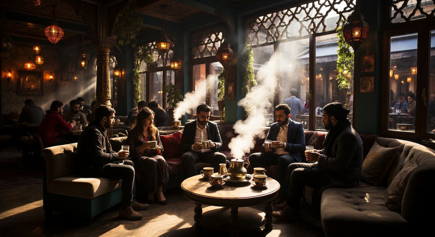 A cozy, dimly lit café in Istanbul with plush cushions, ornate brass hookahs on low wooden tables, and steam rising from fragrant tobacco, surrounded by groups of relaxed patrons sipping tea.