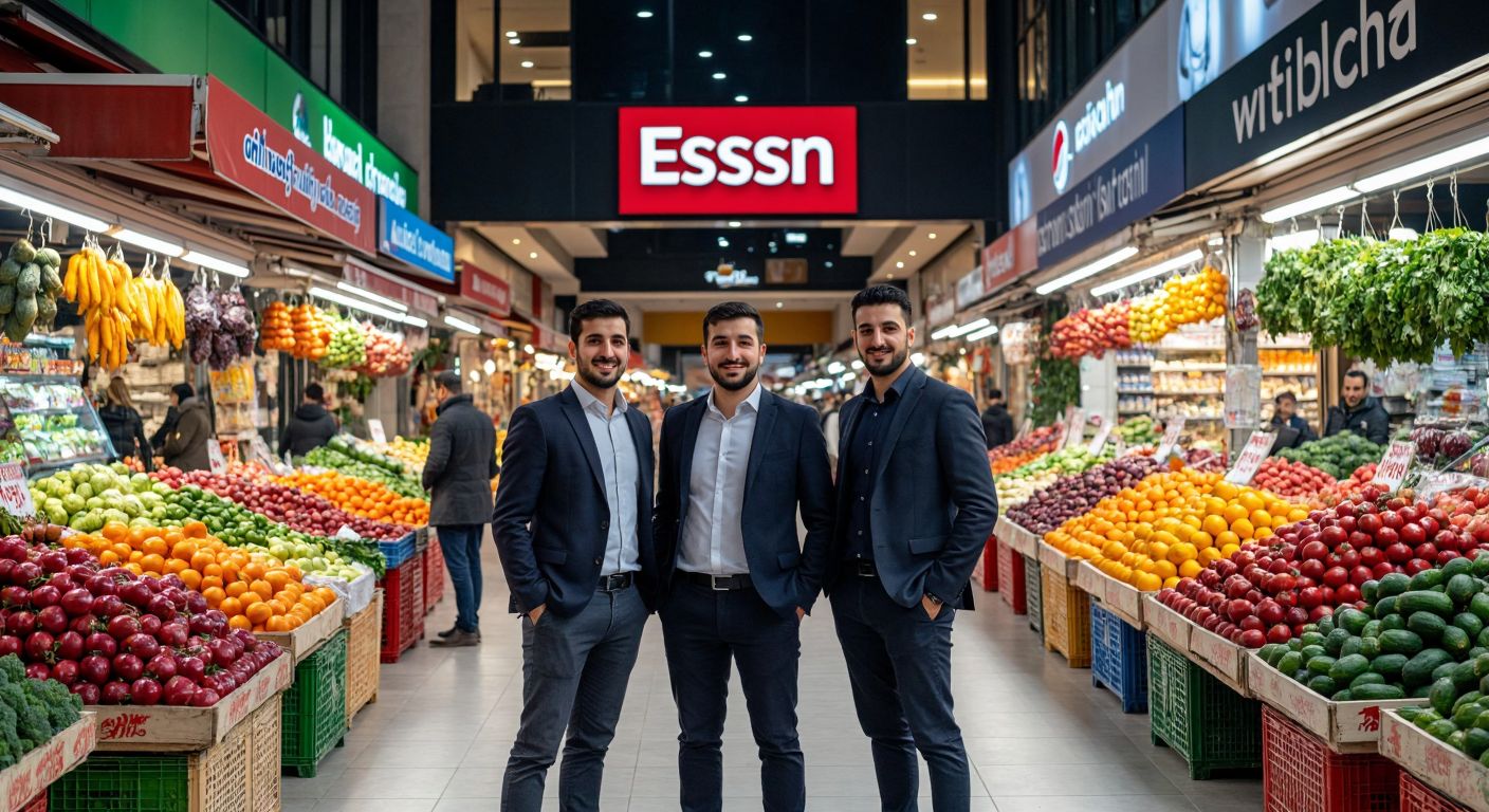 A bustling Turkish marketplace with colorful stalls selling fresh produce, flanked by a modern shopping mall entrance bearing the Essen logo, while three smiling brothers in business attire stand nearby, exuding pride and camaraderie.