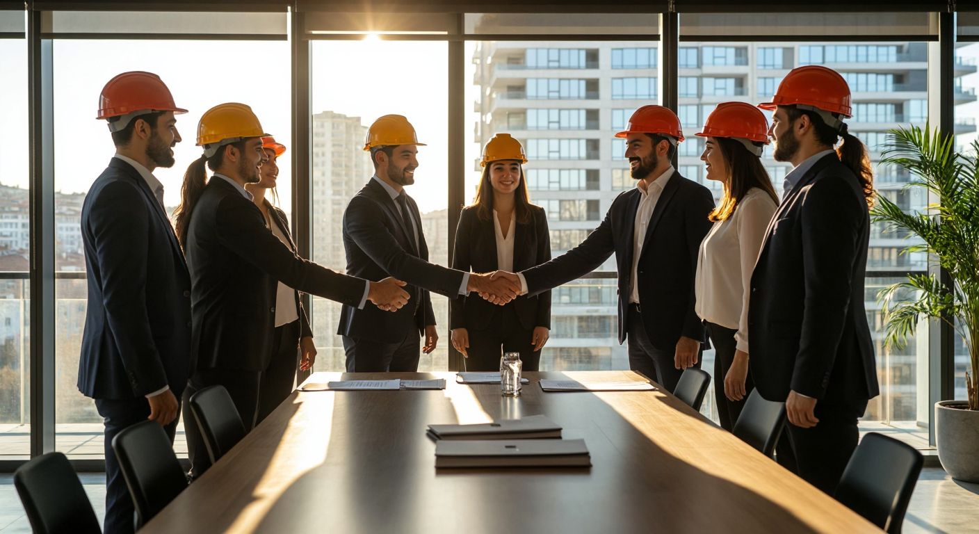 A diverse group of business professionals in suits shaking hands at a conference table in Istanbul, while construction workers in hard hats oversee a building site in Kayseri, and a serene yoga instructor guides a breathwork session in a sunlit studio.