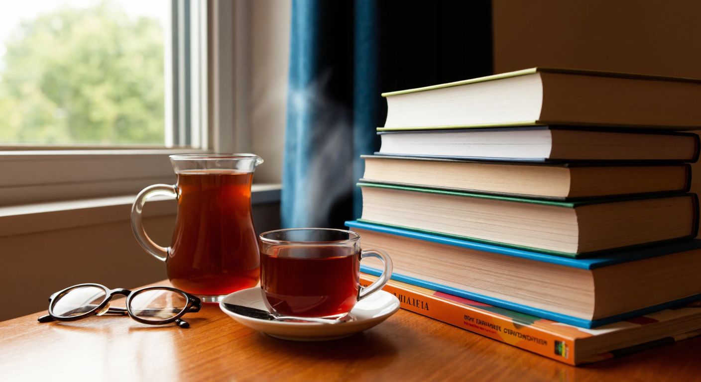 A stack of colorful geography textbooks with varying thicknesses sits on a wooden desk beside a steaming cup of Turkish tea and a pair of reading glasses.