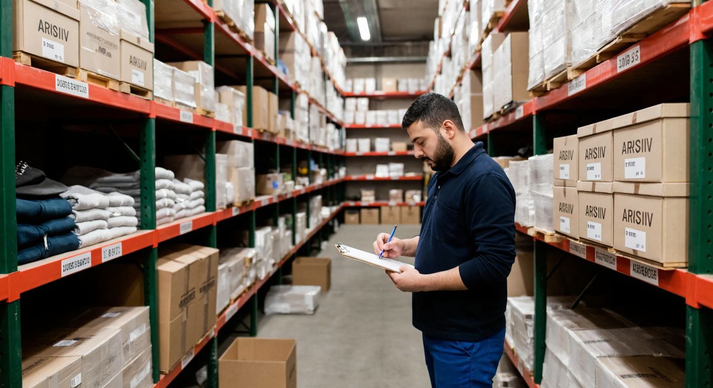 A bustling Turkish warehouse with neatly stacked seasonal clothing boxes, a worker organizing inventory with a clipboard, and shelves labeled "Arşiv" holding off-season items, conveying efficiency and order.