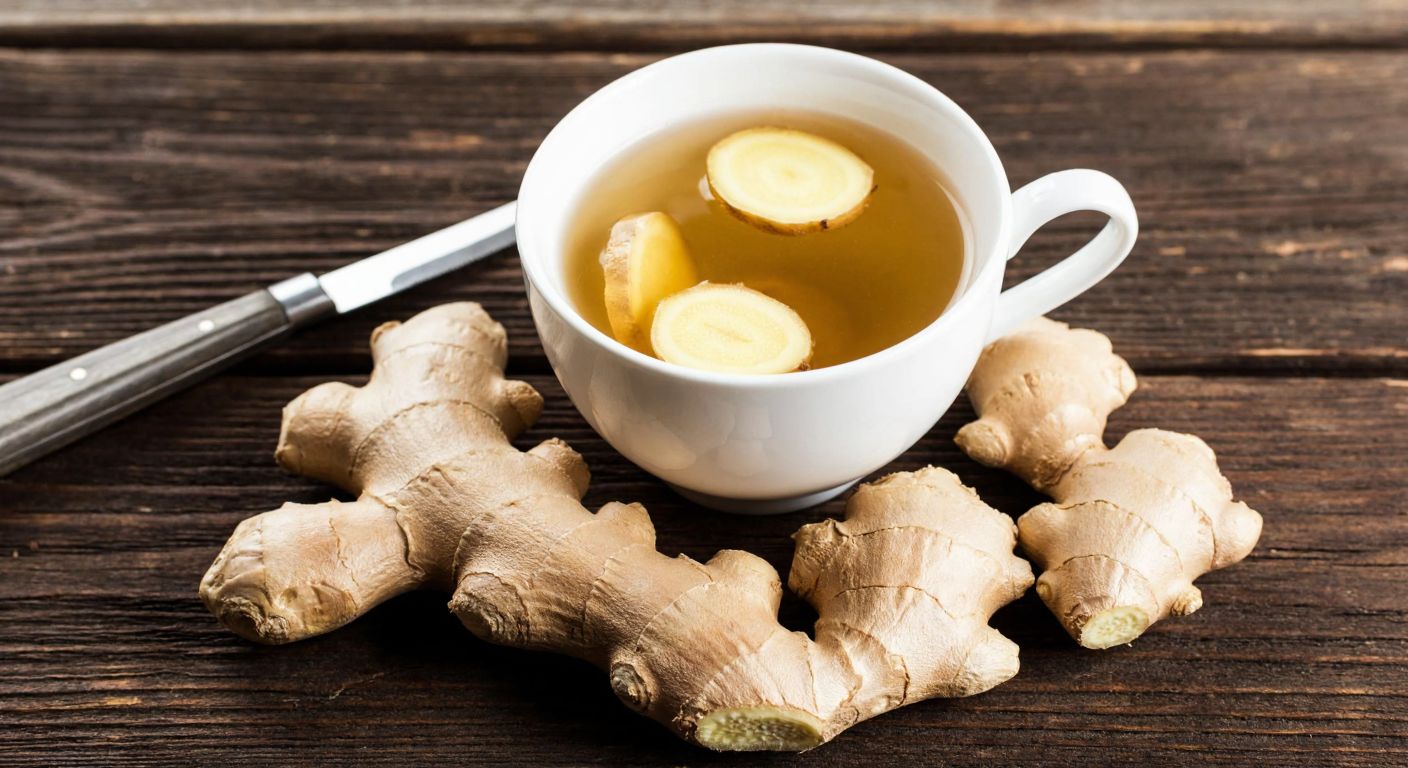 A steaming cup of golden tea with fresh slices of ginger root resting on a rustic wooden table, surrounded by whole ginger roots and a small knife.