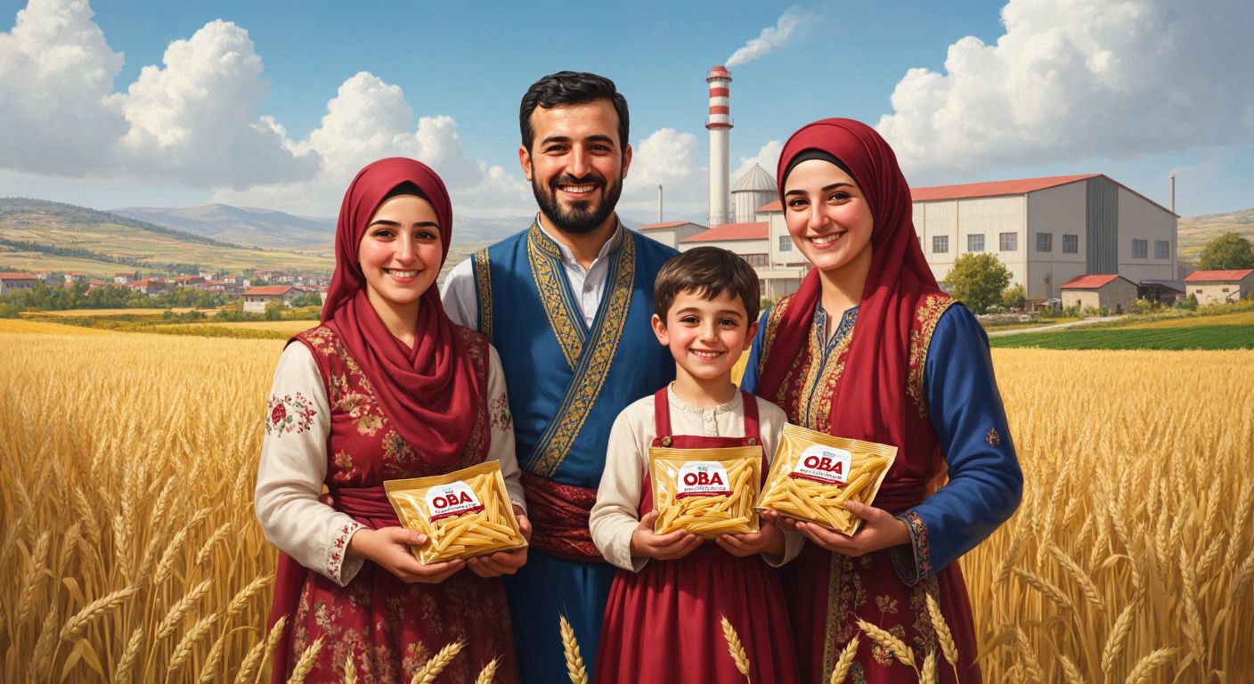 A smiling Turkish family in traditional Gaziantep attire stands proudly in front of a bustling pasta factory, holding fresh packets of Oba Makarna with wheat fields stretching behind them.