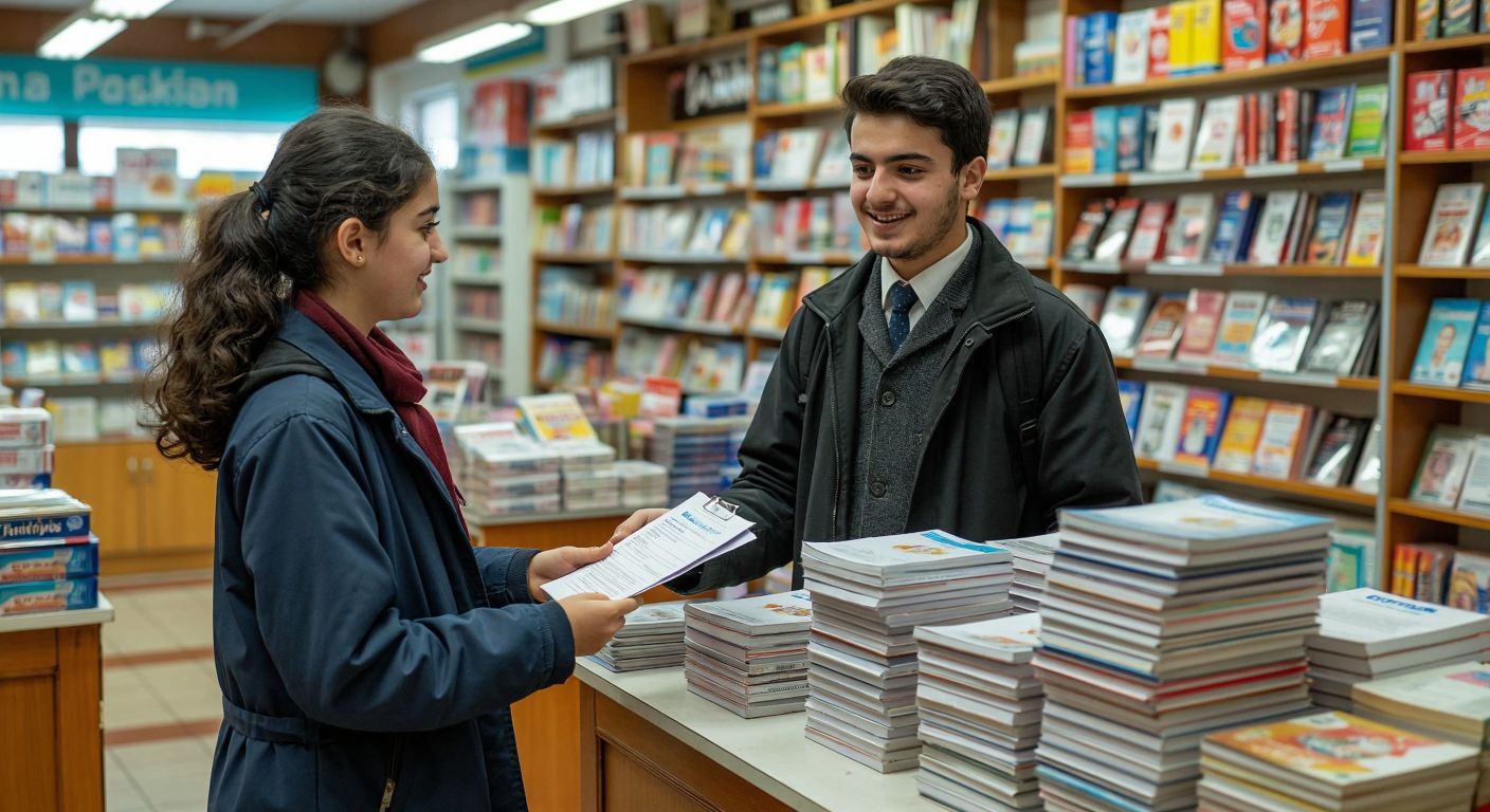 A young student in a Turkish high school uniform stands at a counter in a local bookstore, holding a Paraf exam application form while a friendly shopkeeper gestures toward a stack of test booklets.