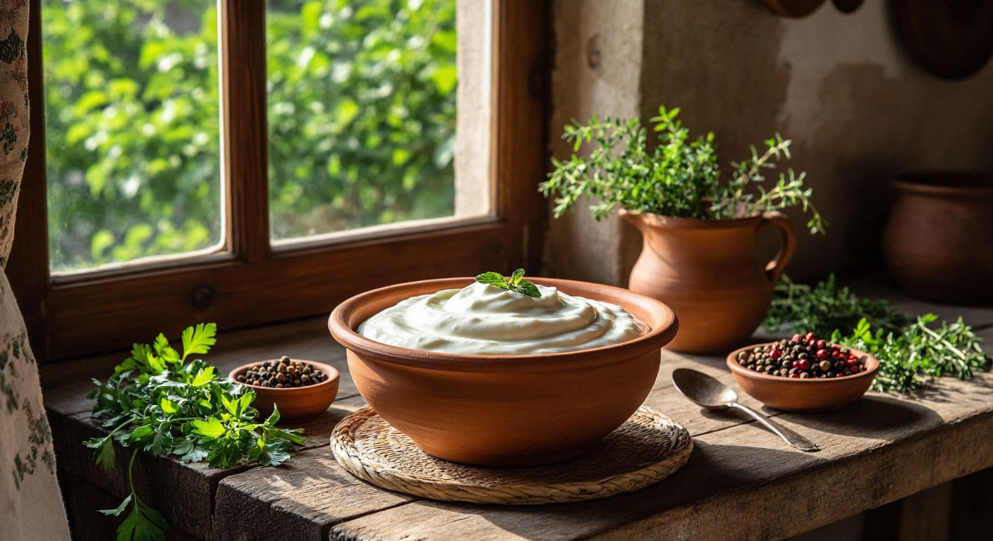 A rustic wooden table in a sunlit Diyarbakır kitchen holds a clay bowl of thick, creamy homemade yogurt, surrounded by fresh herbs and local spices, evoking warmth and tradition.