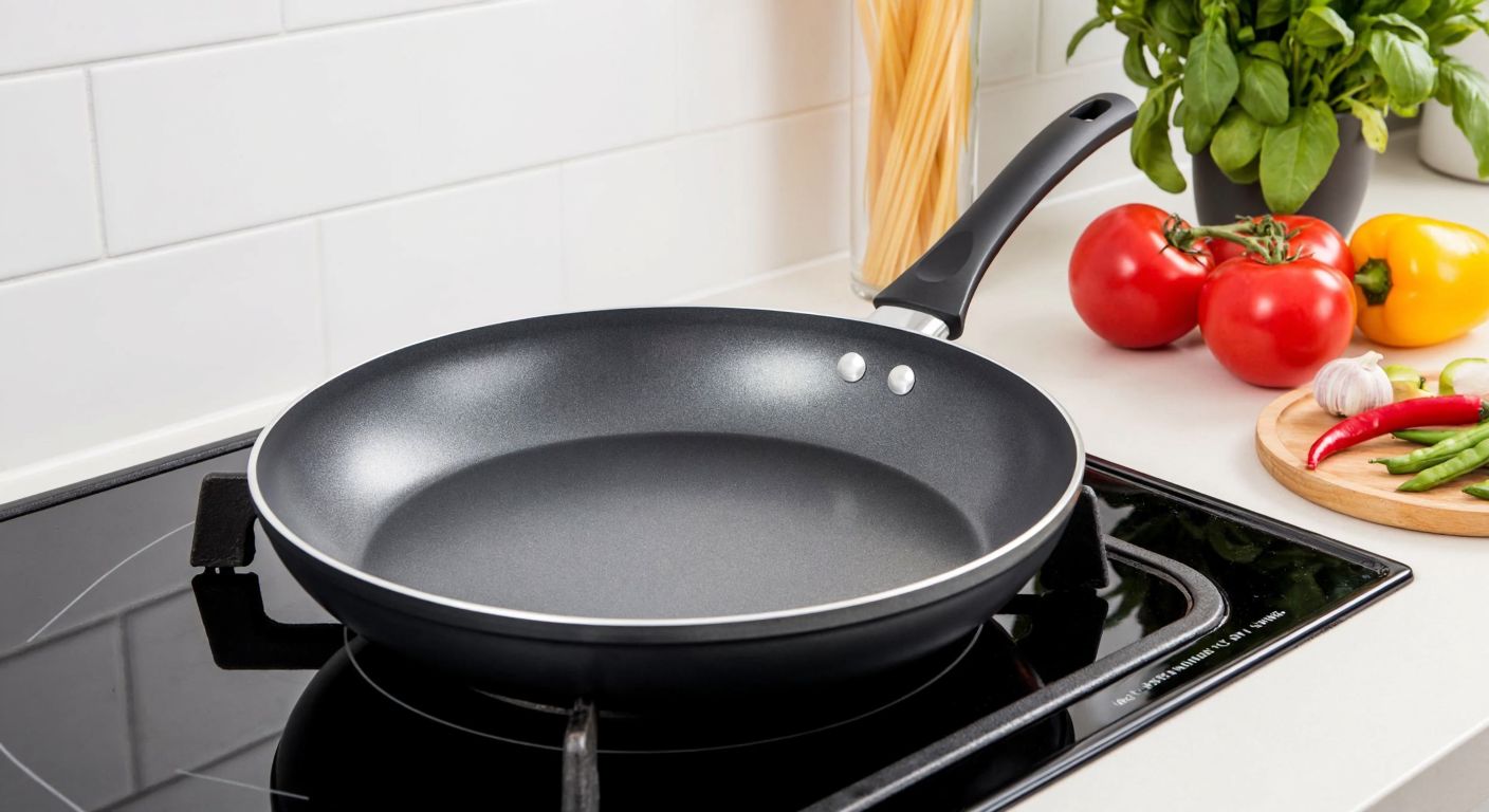 A gleaming dark gray **Karaca Dide frying pan** with a smooth, non-stick surface sits on a stovetop, surrounded by fresh vegetables like tomatoes and peppers, evoking a clean and healthy Turkish kitchen.