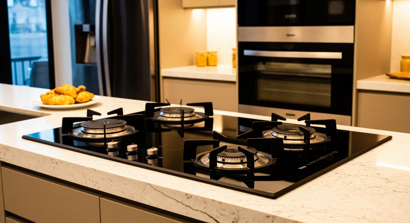 A modern Turkish kitchen with sleek, built-in countertop stoves from brands like Simfer and Kumtel, neatly installed in a marble countertop, surrounded by stainless steel appliances and warm lighting.