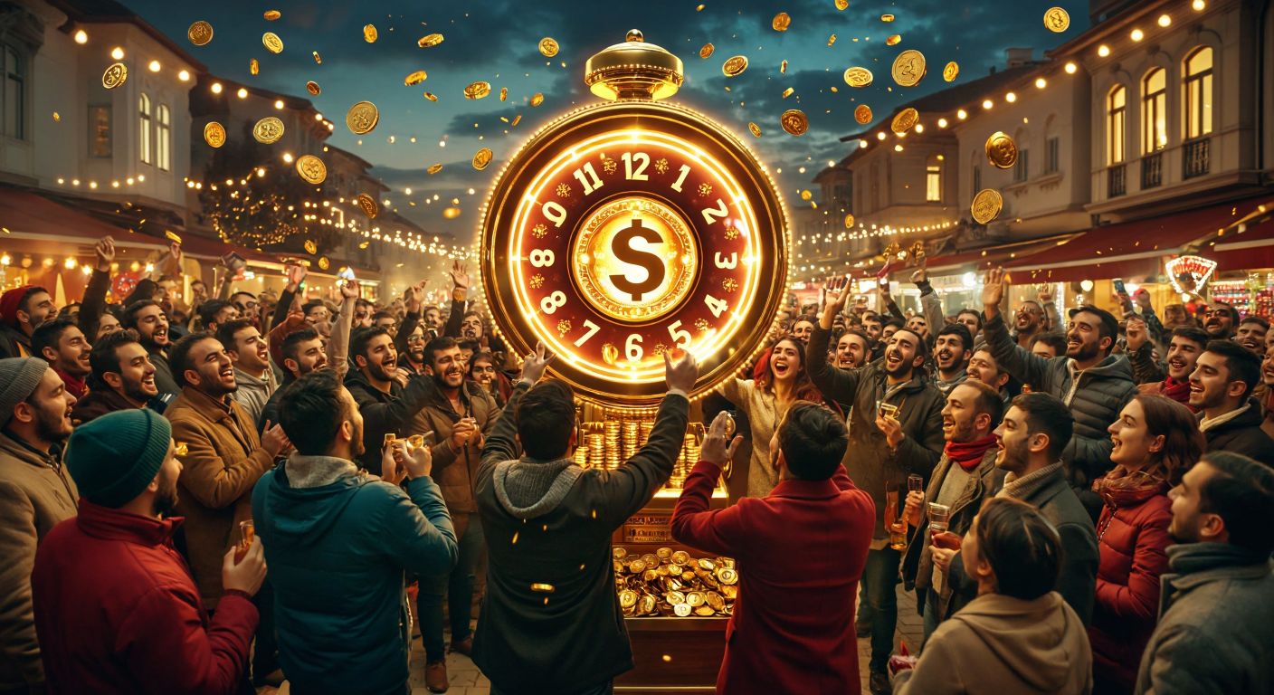 A festive crowd in Turkey gathers around a glowing lottery machine, their faces lit with excitement and anticipation as golden coins and a large check symbolizing a jackpot spill out in the background.