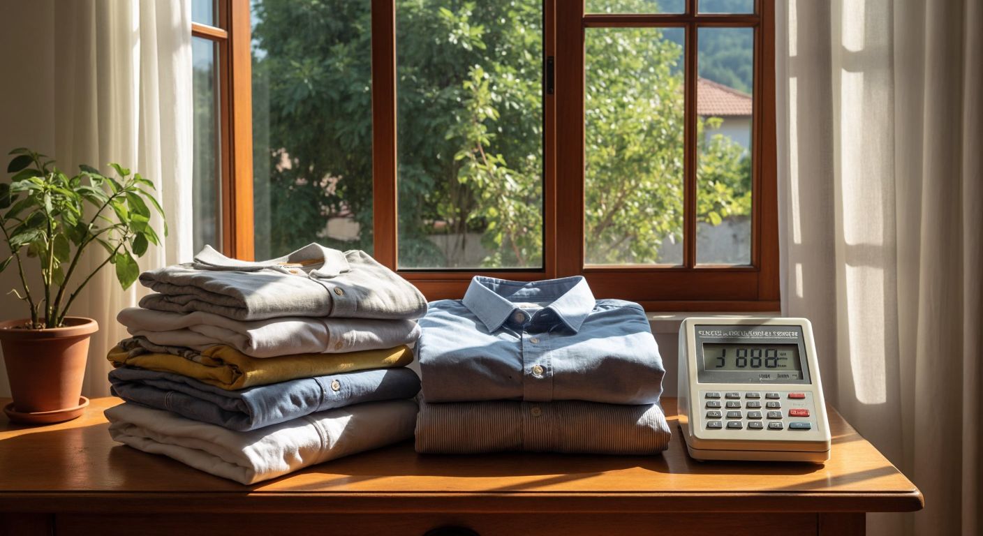 A neatly folded pile of dry laundry—including a t-shirt, button-up shirt, pair of pants, and a towel—rests on a wooden table beside a small digital scale in a sunlit Turkish home.  

(Note: The scale is implied by its function but not visually labeled or marked with numbers, adhering to the constraints.)