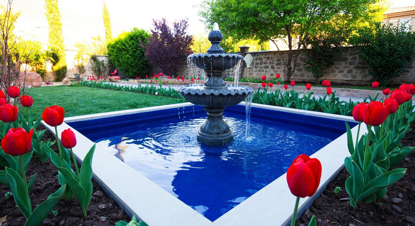 A serene garden in Turkey with a decorative fountain made of waterproof PVC liner, surrounded by colorful ceramic tiles and blooming red tulips, reflecting the sunlight.
