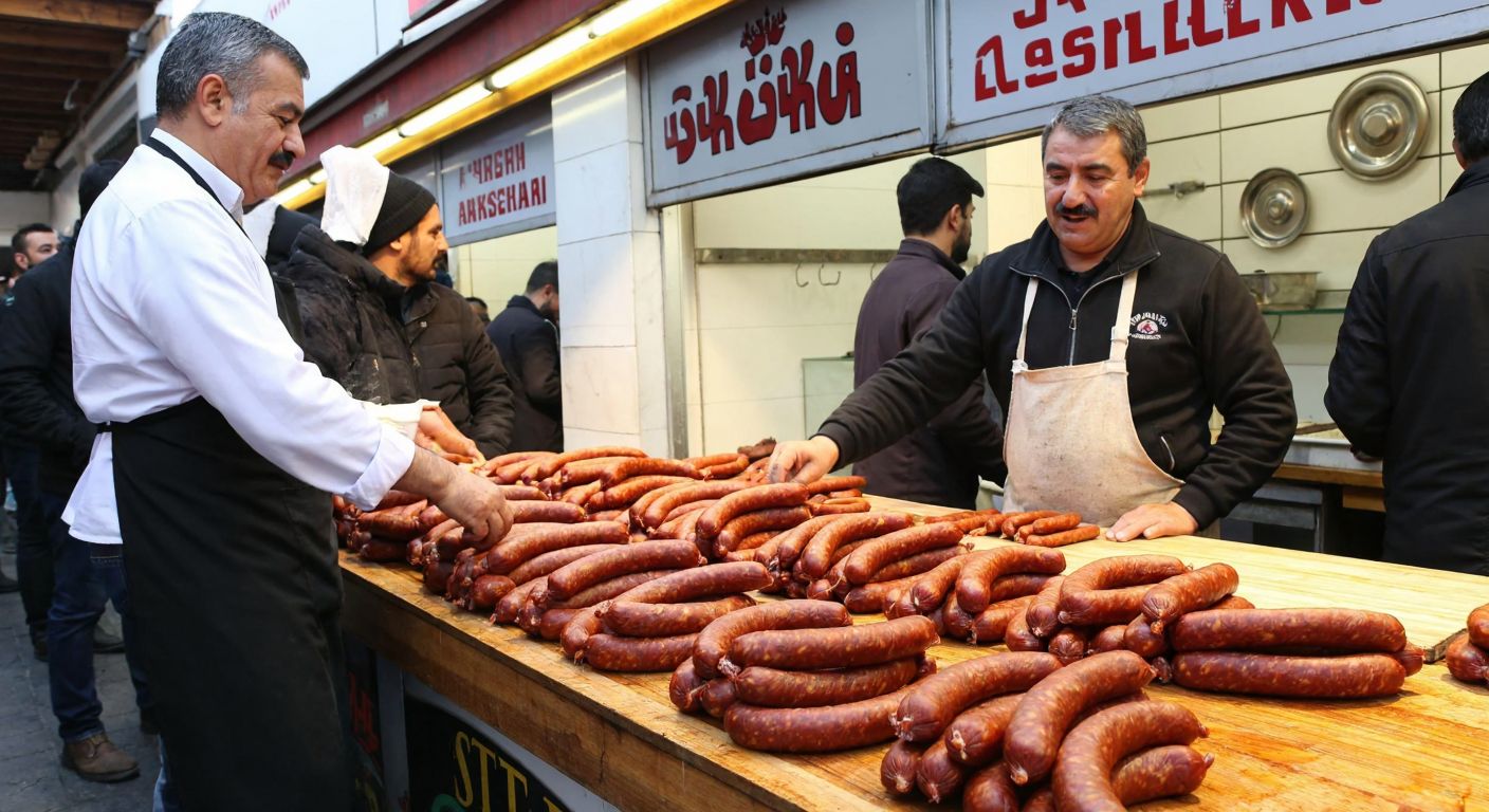 A bustling Kayseri marketplace with two proud, mustachioed men in traditional aprons arranging rows of spicy red sucuk sausages on a wooden counter.