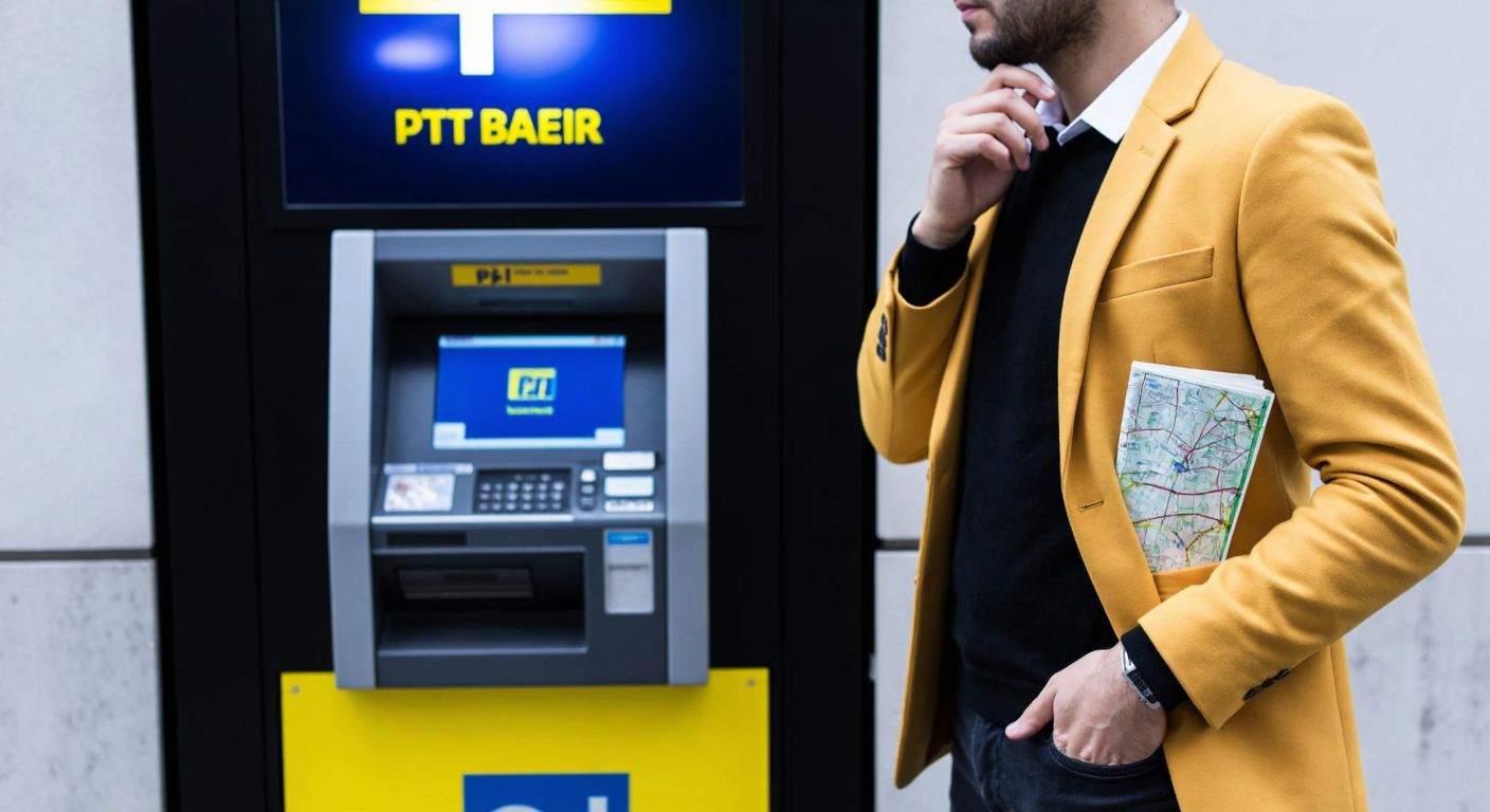 A person standing thoughtfully in front of a PTT ATM in Istanbul, with a smartphone in hand and a city map partially visible in their pocket.