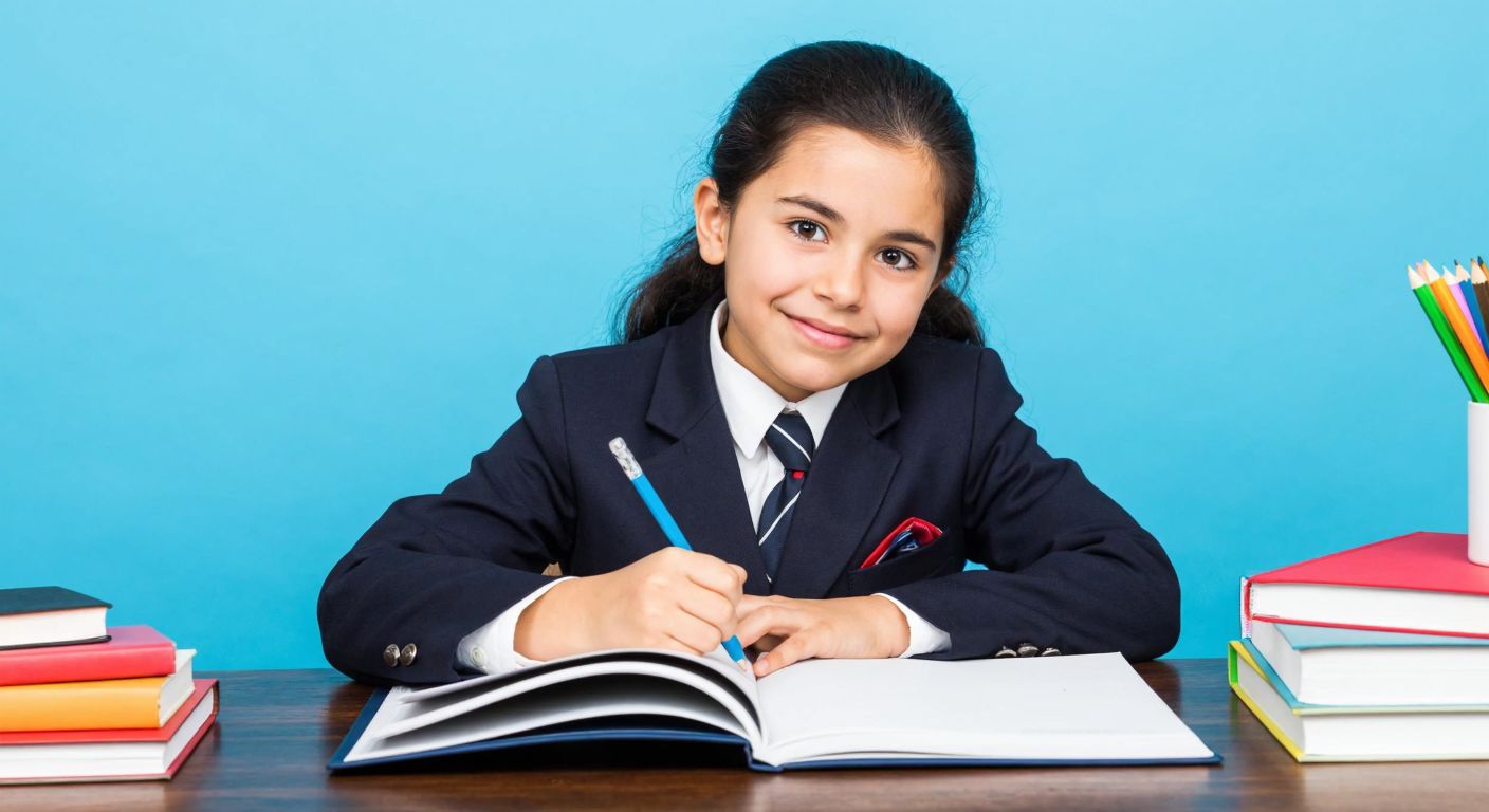 A cheerful young Turkish student in a school uniform sits at a wooden desk, flipping through a thick workbook with colorful pages, surrounded by stacked books and a pencil case, with a curious and focused expression.