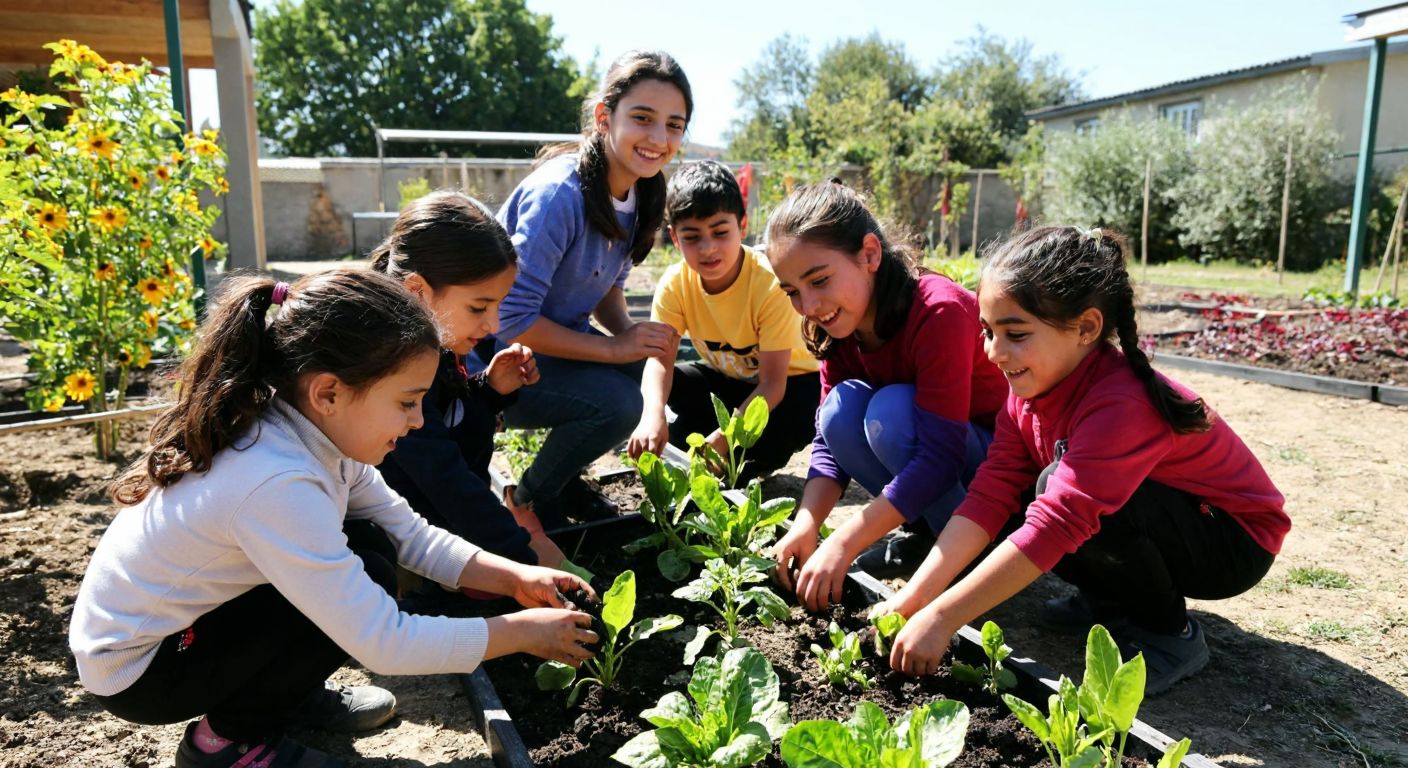 A group of Turkish children in a sunlit school garden, smiling as they plant flowers and tend to small vegetable patches, embodying hands-on learning.