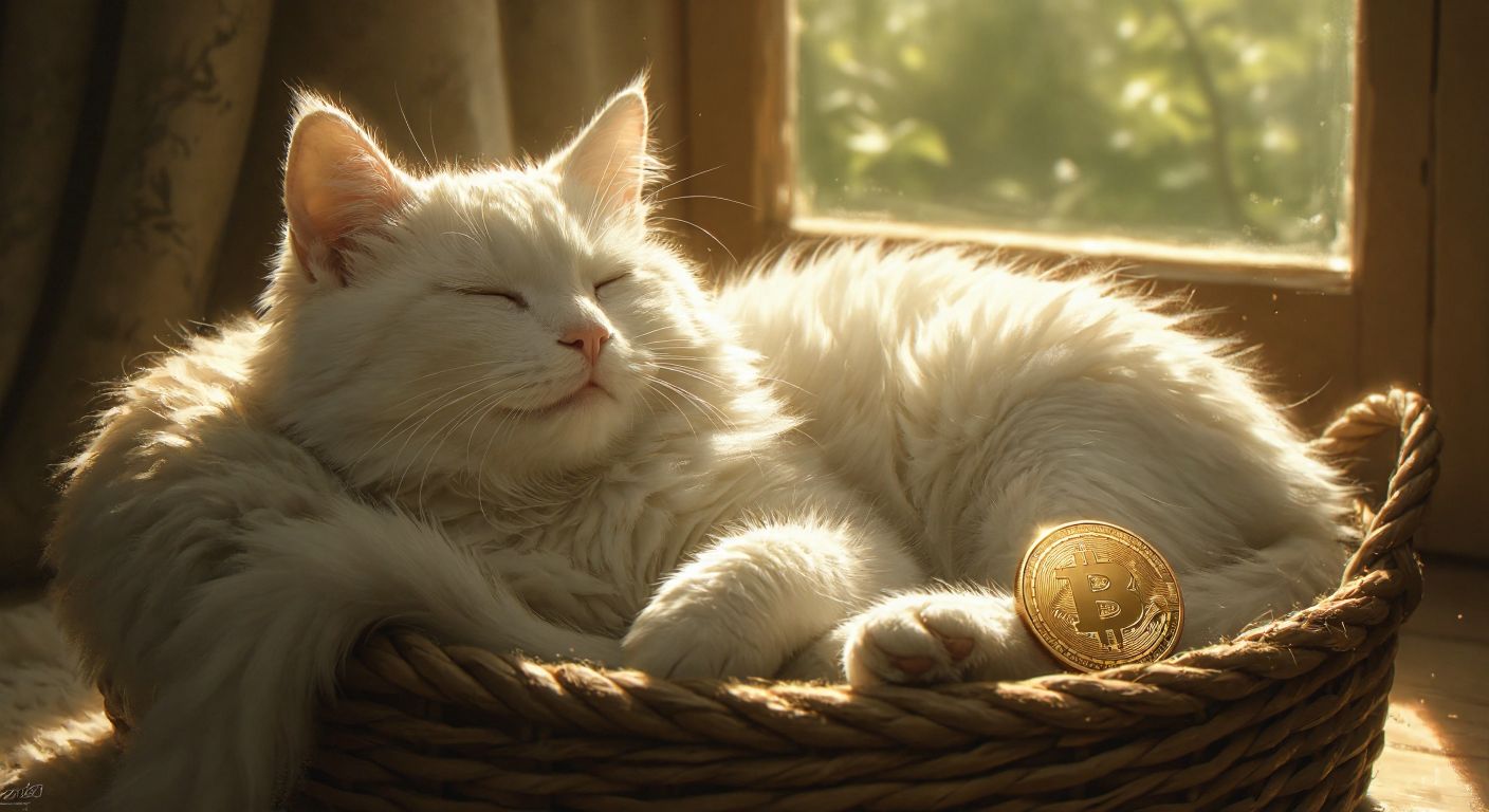 A fluffy white cat with a serene, smiling expression curled up in a cozy basket, bathed in soft sunlight, while a sleek digital coin with a cat motif glows faintly beside it.