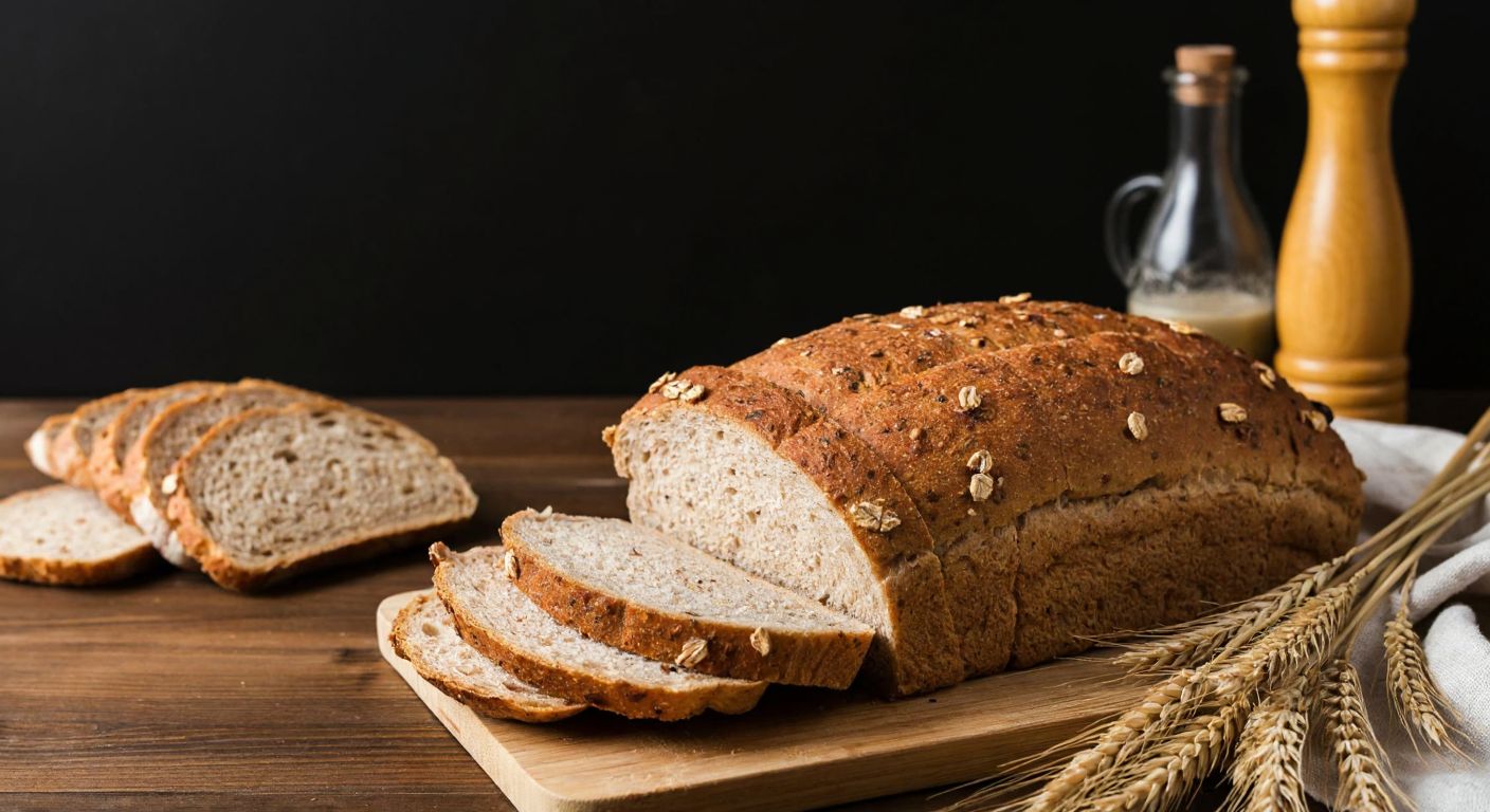 A rustic wooden table in a Turkish kitchen holds a freshly baked loaf of whole grain bread with visible bran flakes, surrounded by slices of wheat and rye bread, evoking warmth and health-conscious choices.