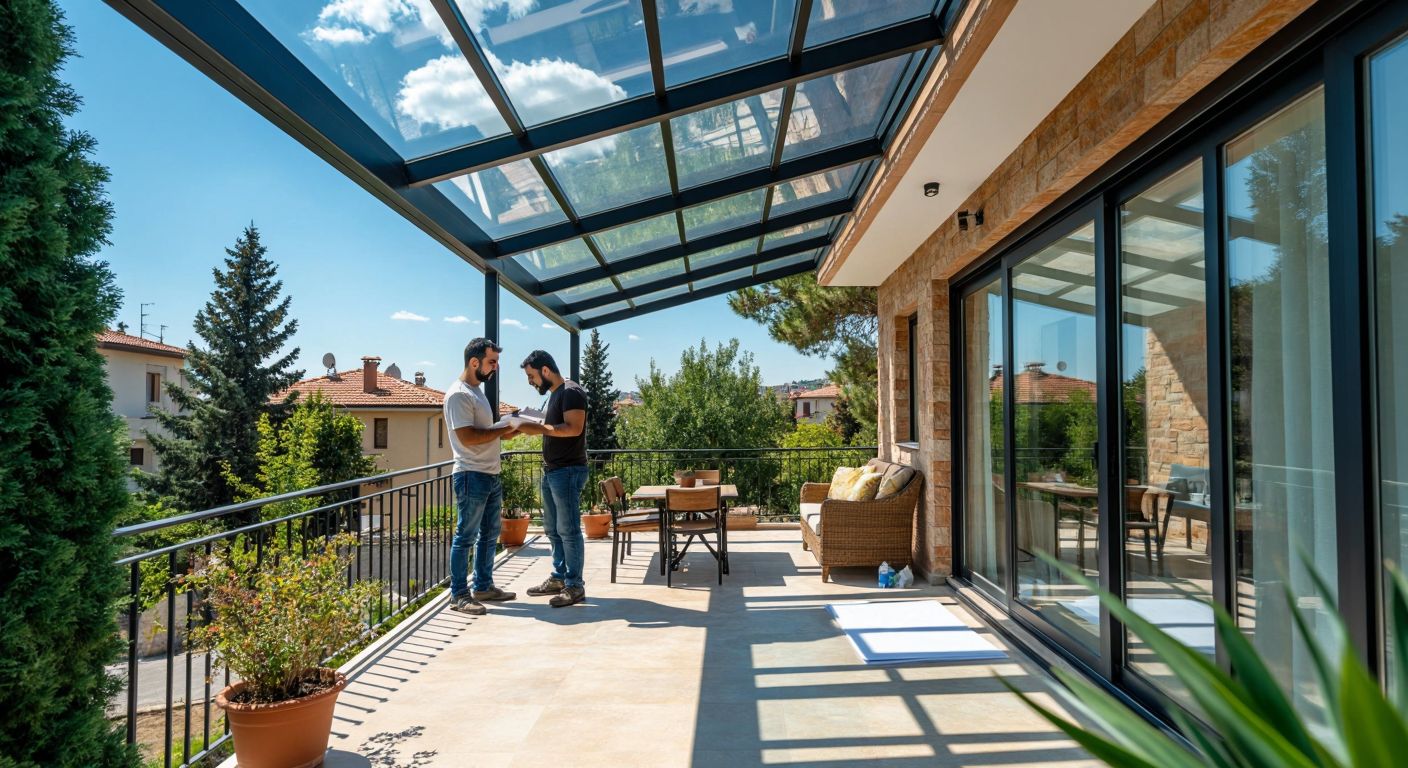A sunlit Turkish veranda with a half-finished glass roof being installed by two workers, while a homeowner consults paperwork with a neighbor, both nodding in agreement under a clear blue sky.