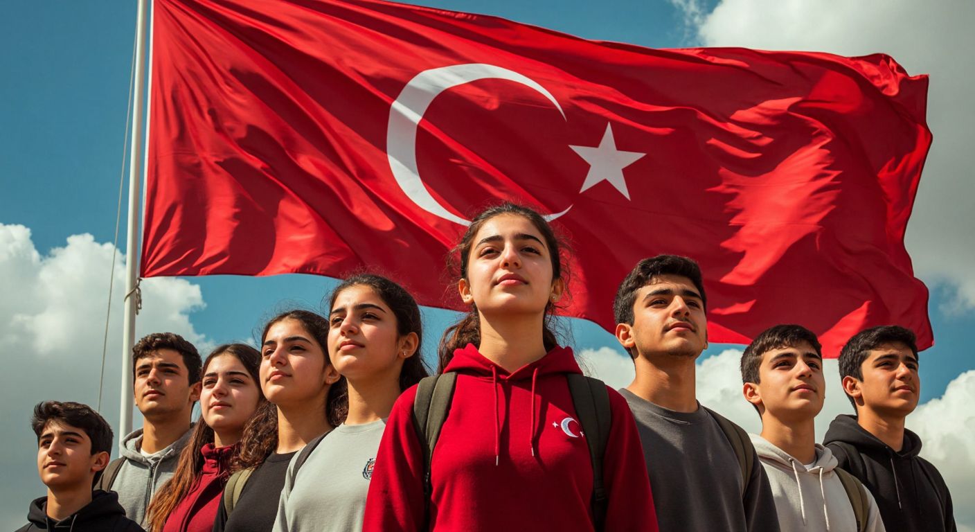 A determined group of young Turkish students standing proudly in front of a waving red flag with a crescent and star, their faces lit with hope and unity under a bright sky.
