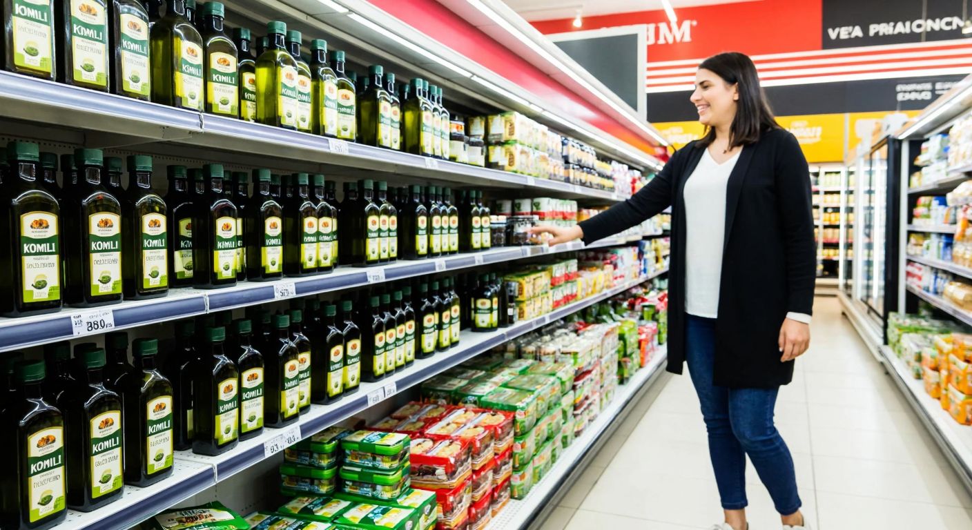 A well-lit BİM supermarket aisle with neatly stacked bottles of Komili olive oil on a shelf, surrounded by other Turkish grocery products, and a smiling shopper in casual clothing reaching for one.